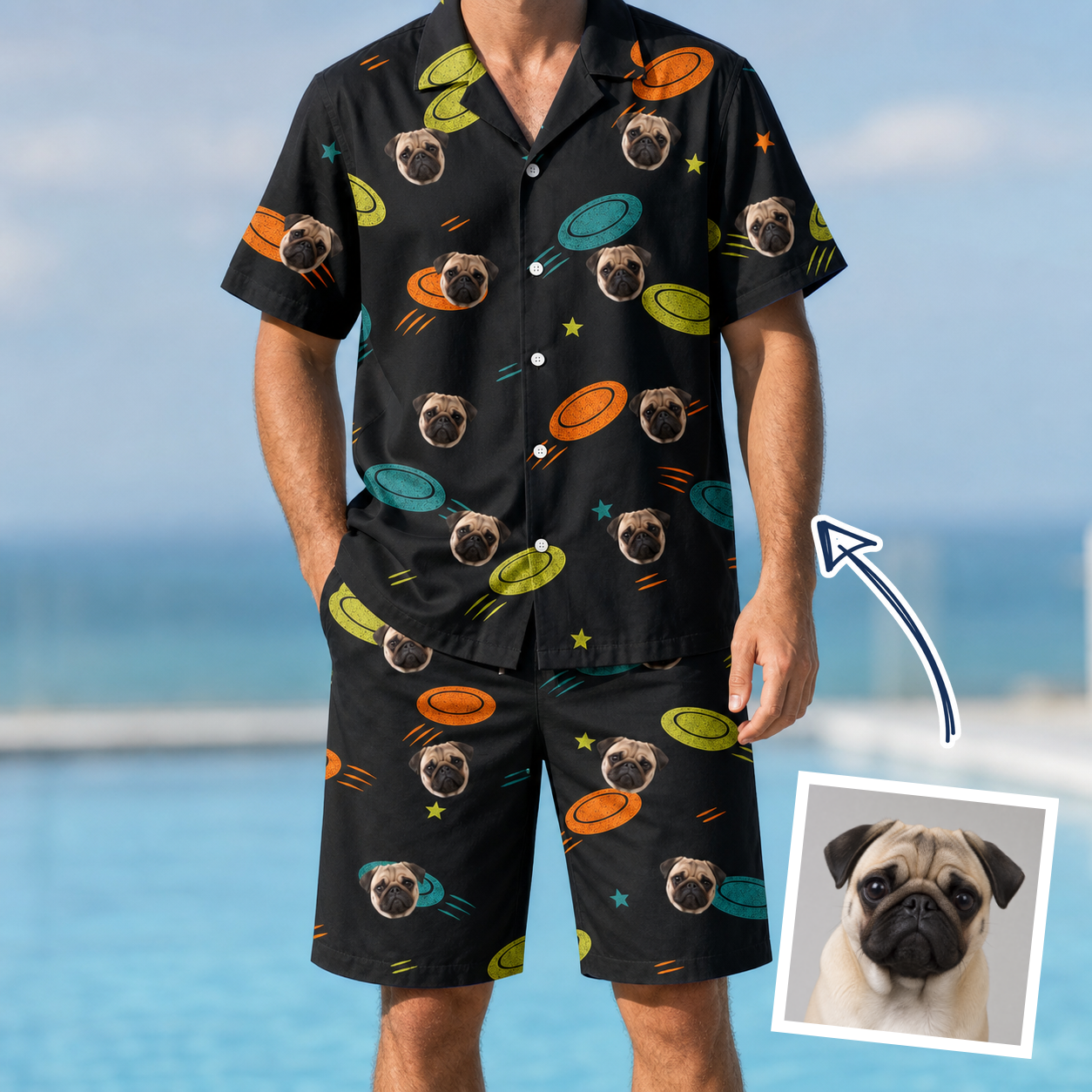 Man wearing Men's Frisbee Flingers Custom Dog Face Shirt & Shorts Set — custom faces printed all-over