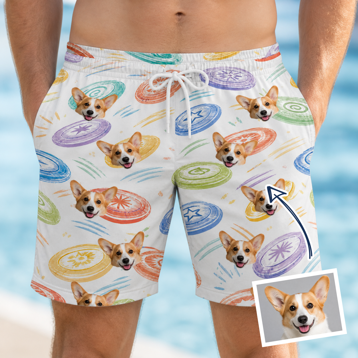 Man wearing Men's Disc Dogs Custom Dog Face Beach Shorts — custom faces printed all-over