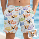 Man wearing Men's Disc Dogs Custom Dog Face Beach Shorts — custom faces printed all-over