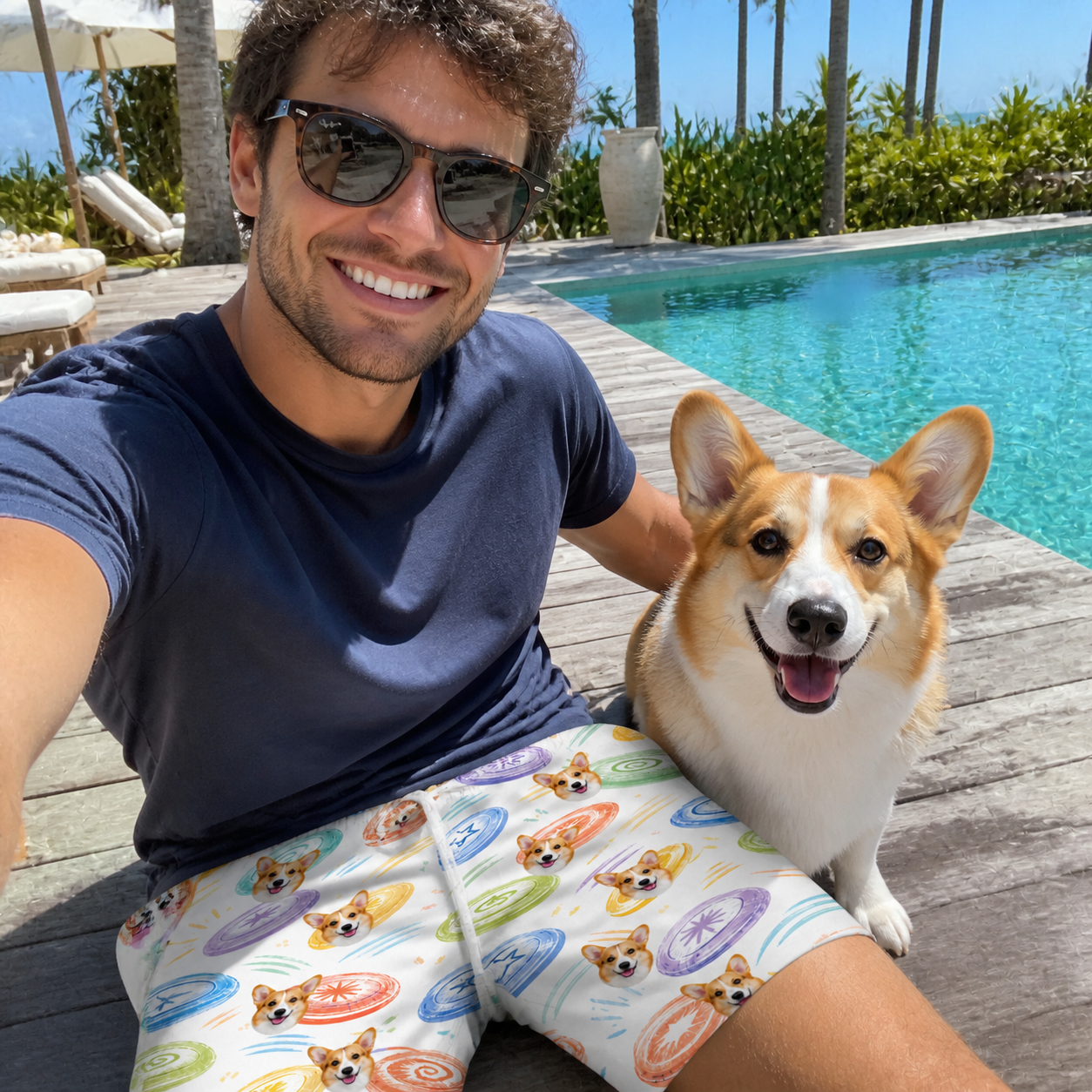 Selfie with the pet whose face is printed all over this Men's Disc Dogs Custom Dog Face Beach Shorts