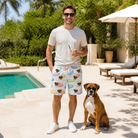 Full-length photo with the pet printed all over this Men's Disc Dogs Custom Dog Face Beach Shorts