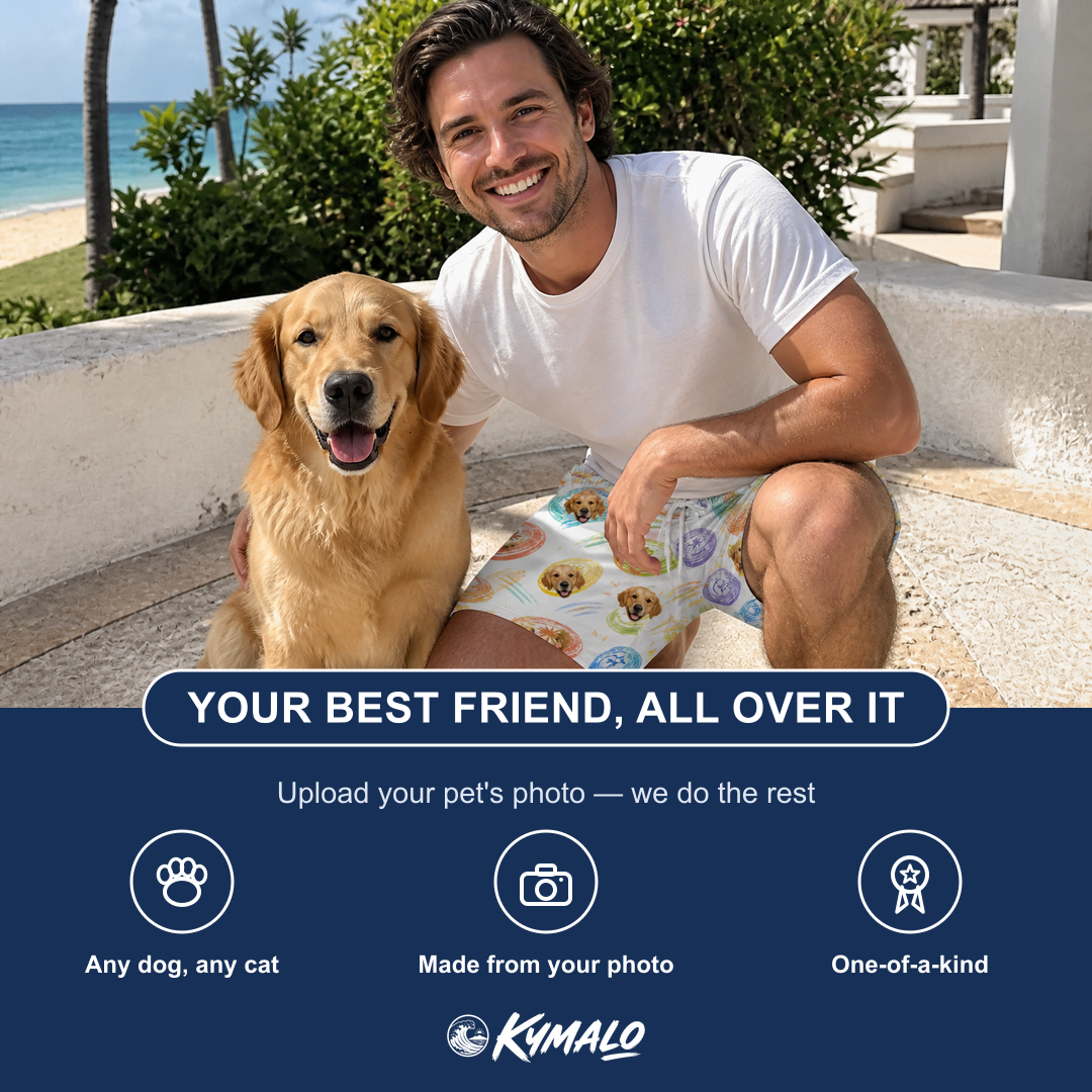 Friends in matching Men's Disc Dogs Custom Dog Face Beach Shorts — a group gift photo