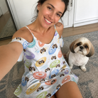 Selfie with the pet whose face is printed all over this Women's Disc Dogs Custom Dog Face Off-Shoulder Dress