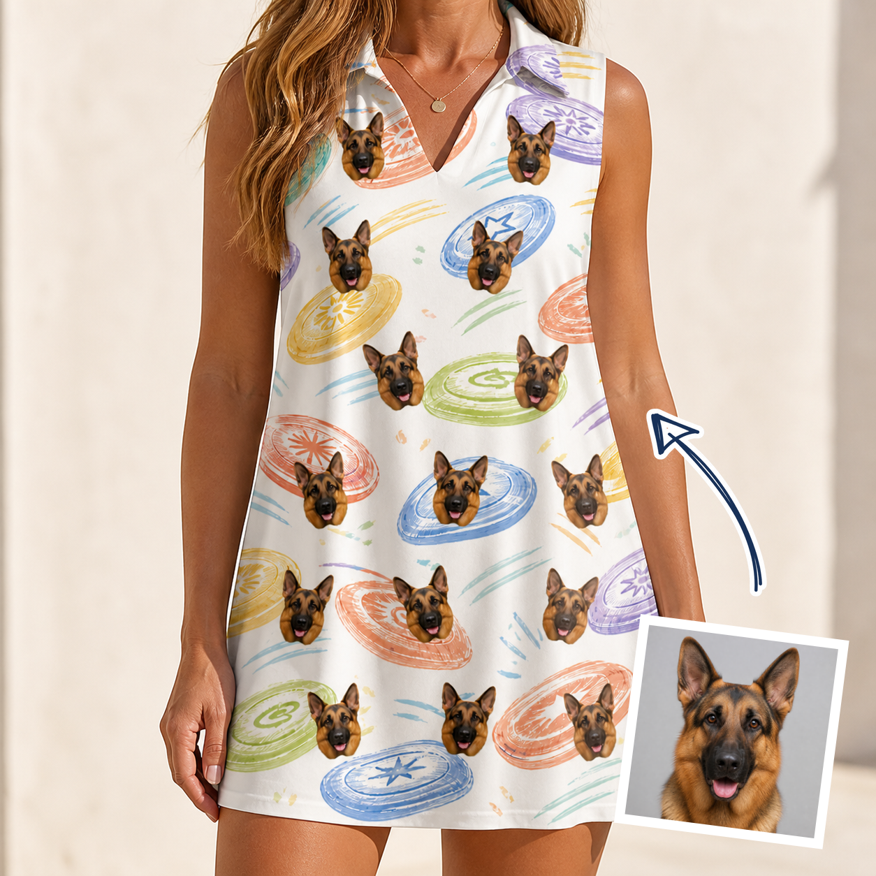Woman wearing Women's Disc Dogs Custom Dog Face V-Neck Dress — custom faces printed all-over