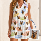 Woman wearing Women's Disc Dogs Custom Dog Face V-Neck Dress — custom faces printed all-over
