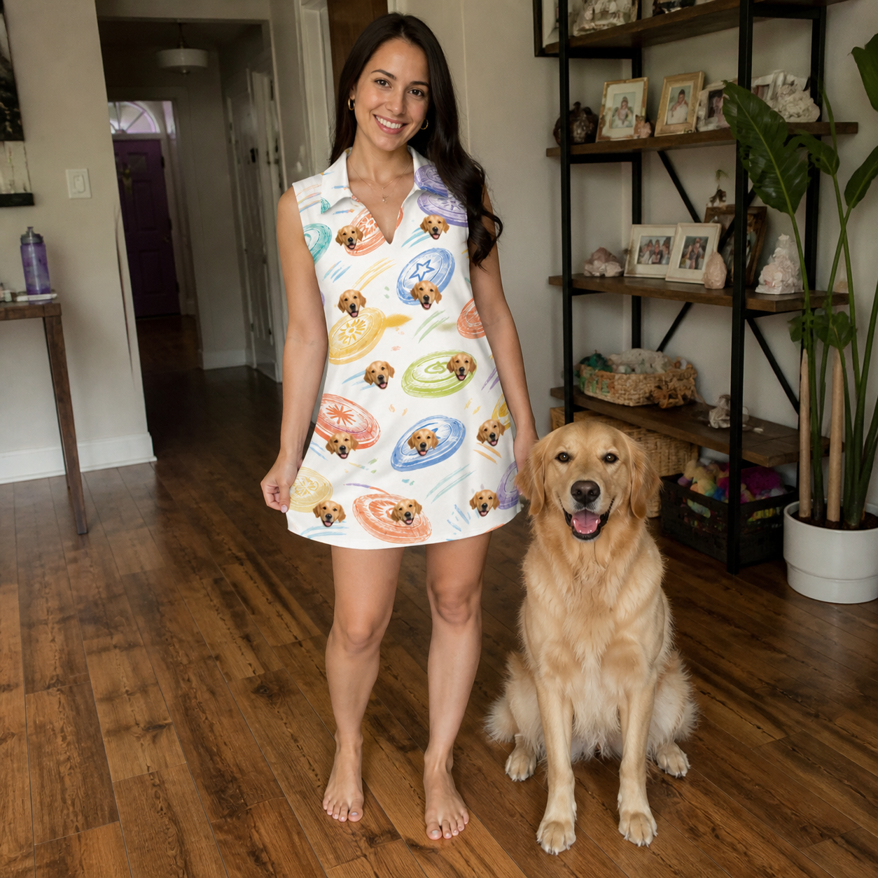 Full-length photo with the pet printed all over this Women's Disc Dogs Custom Dog Face V-Neck Dress