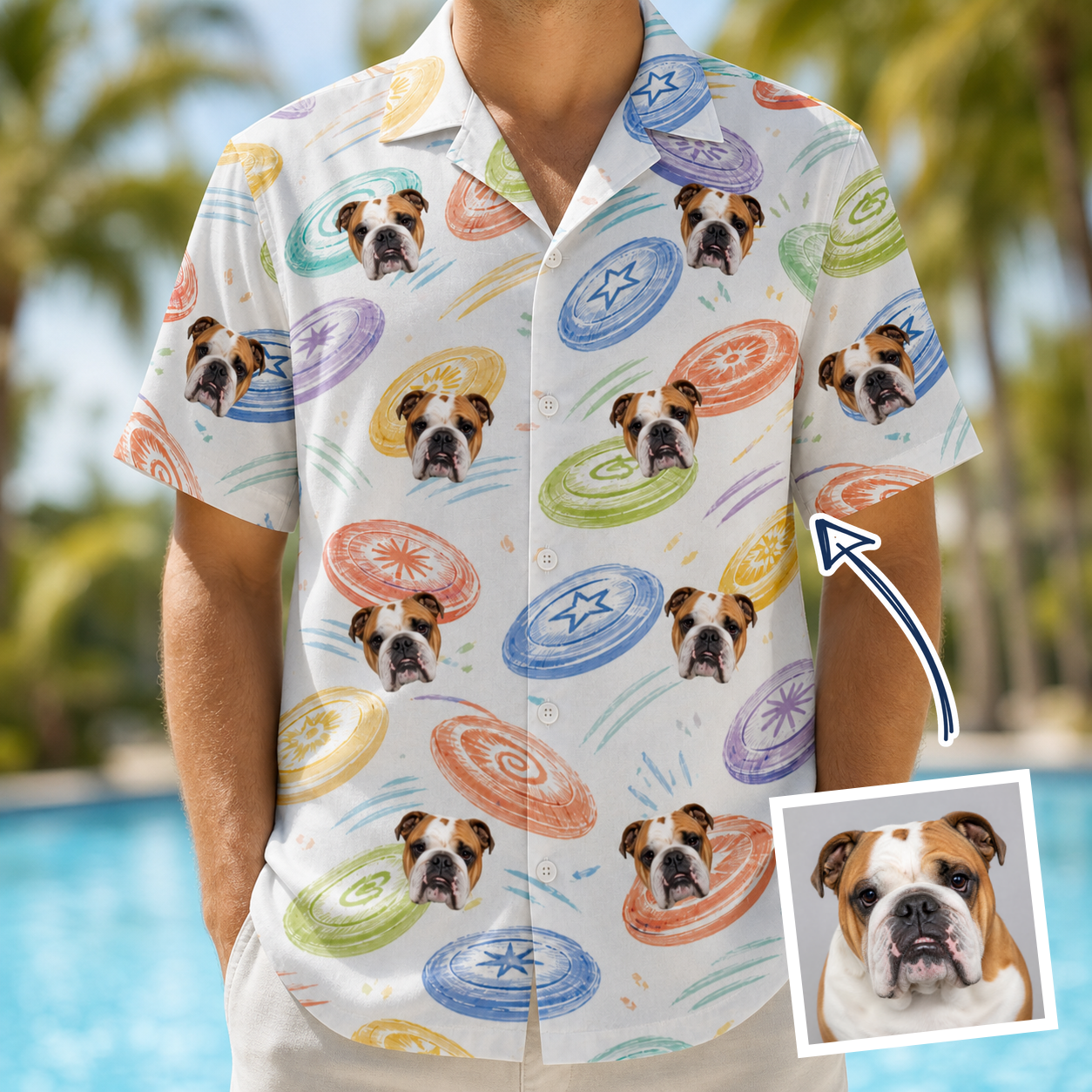 Man wearing Men's Disc Dogs Custom Dog Face Hawaiian Shirt — custom faces printed all-over