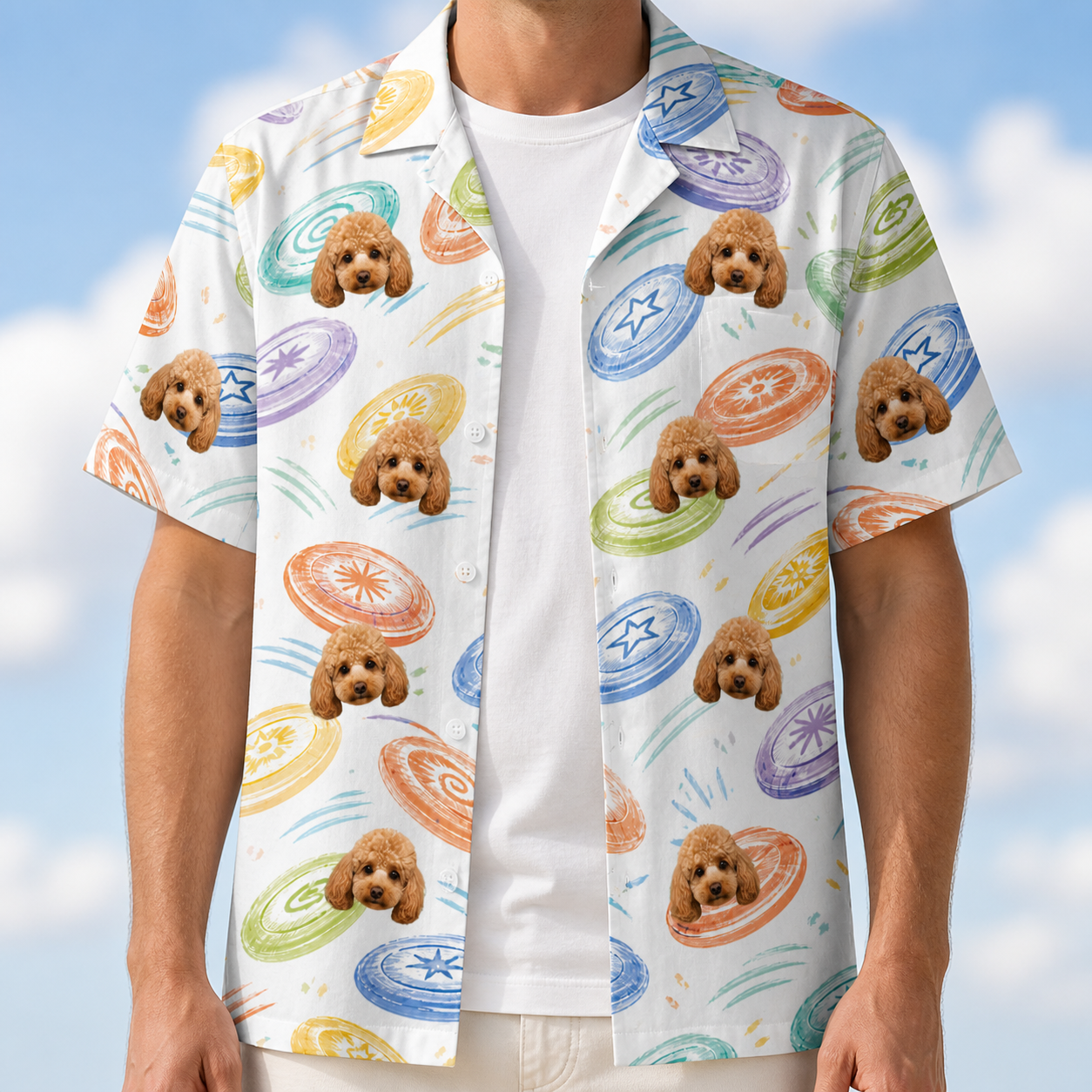 Man wearing Men's Disc Dogs Custom Dog Face Hawaiian Shirt open over a white tee