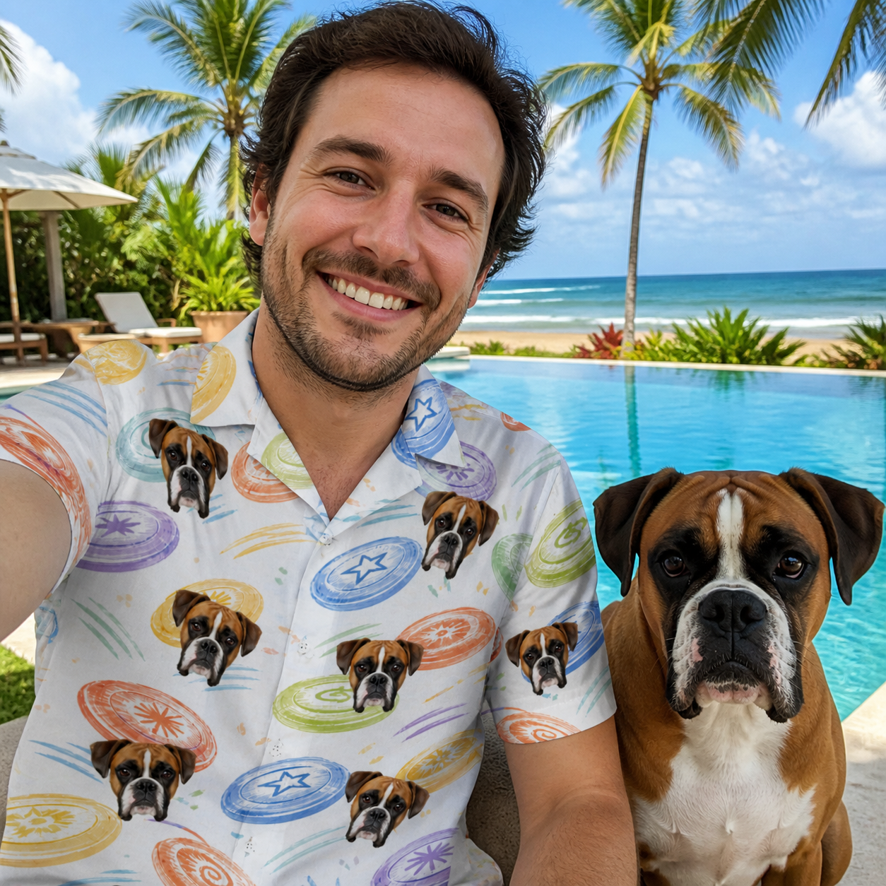 Selfie with the pet whose face is printed all over this Men's Disc Dogs Custom Dog Face Hawaiian Shirt