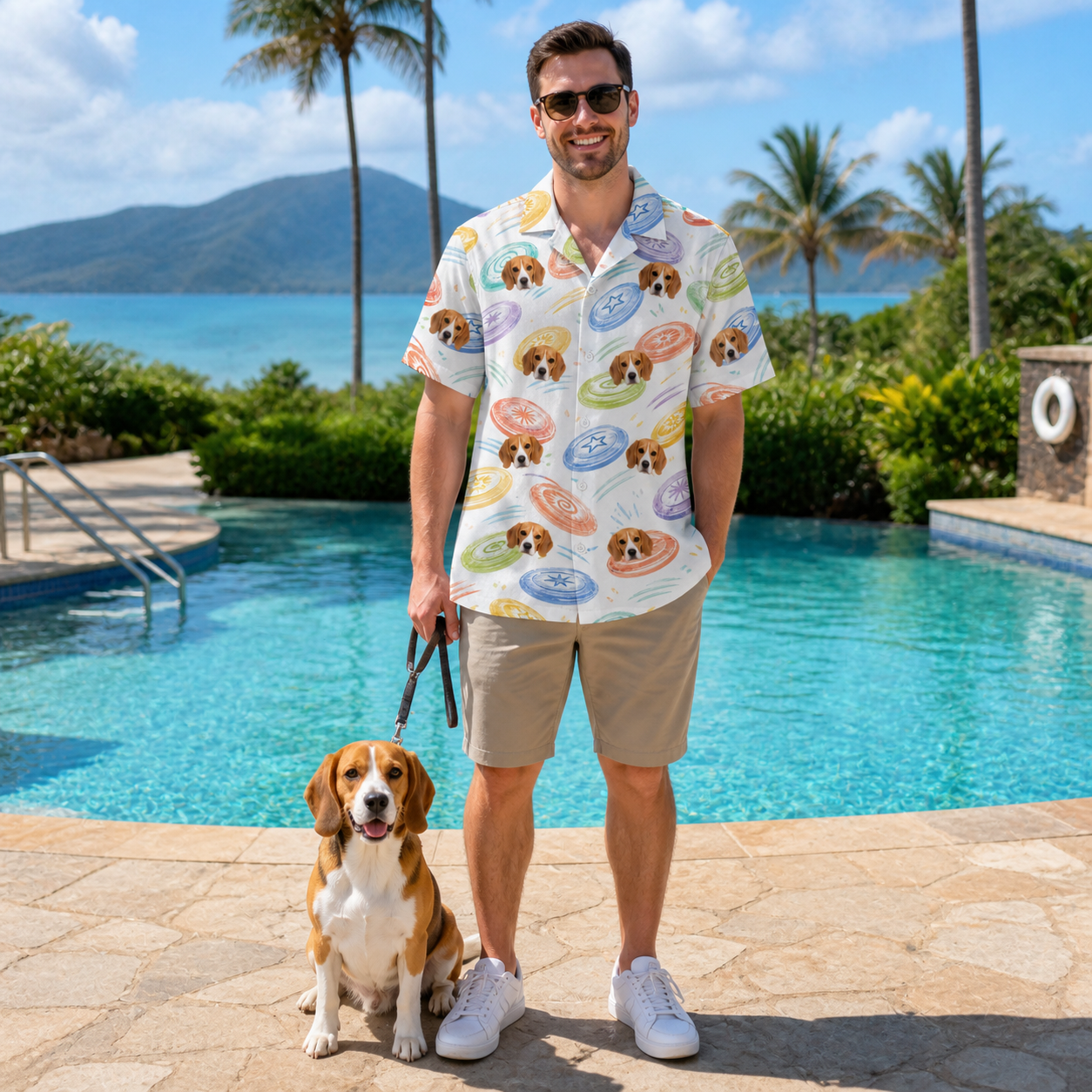 Full-length photo with the pet printed all over this Men's Disc Dogs Custom Dog Face Hawaiian Shirt