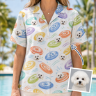 Woman wearing Women's Disc Dogs Custom Dog Face Hawaiian Shirt — custom faces printed all-over