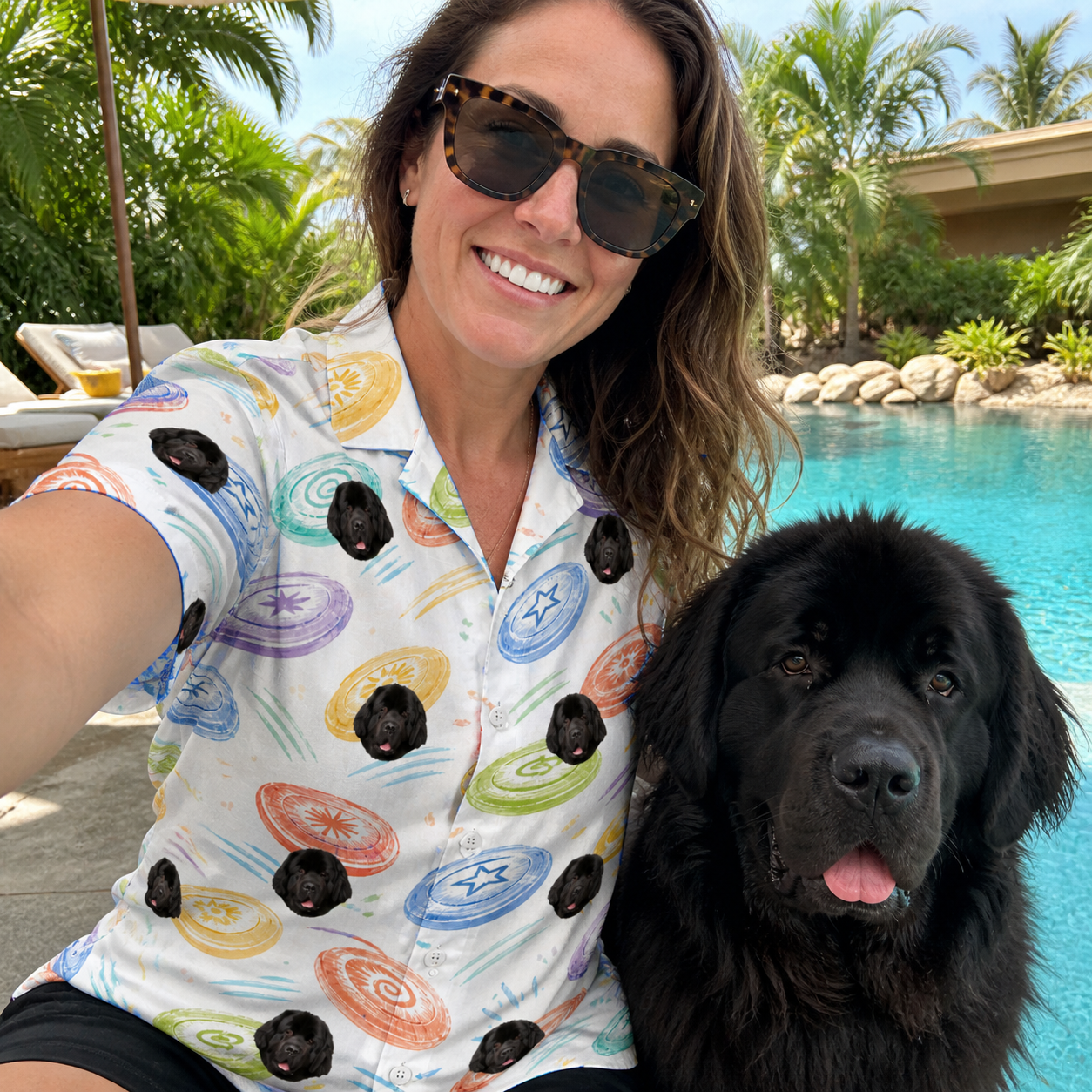 Selfie with the pet whose face is printed all over this Women's Disc Dogs Custom Dog Face Hawaiian Shirt