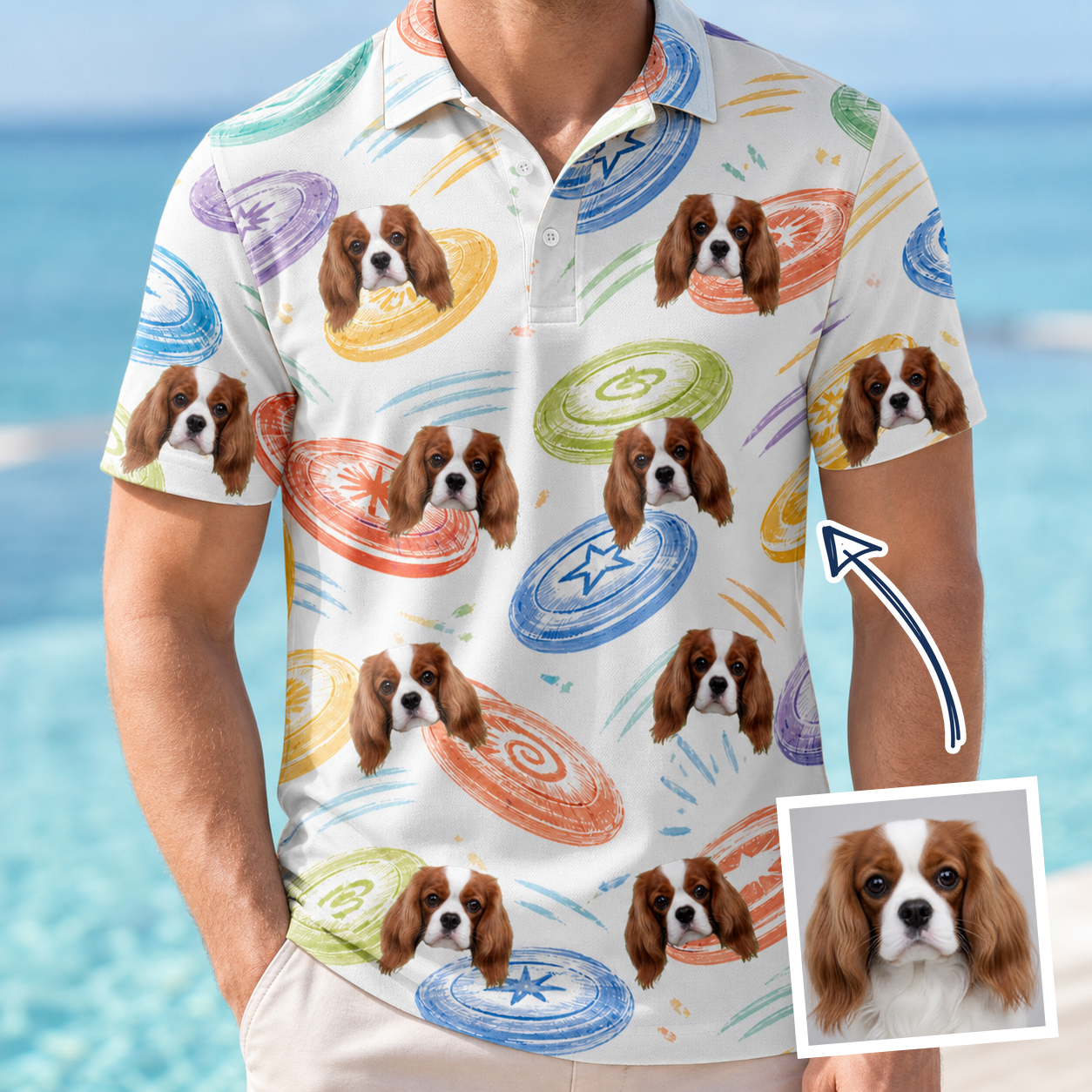 Man wearing Men's Disc Dogs Custom Dog Face Polo Shirt — custom faces printed all-over