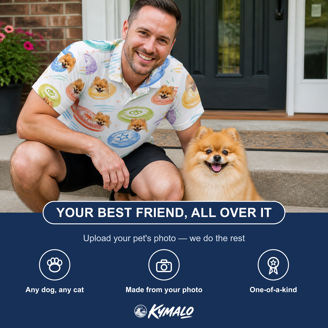 Friends in matching Men's Disc Dogs Custom Dog Face Polo Shirt — a group gift photo