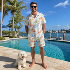 Full-length photo with the pet printed all over this Men's Disc Dogs Custom Dog Face Shirt & Shorts Set