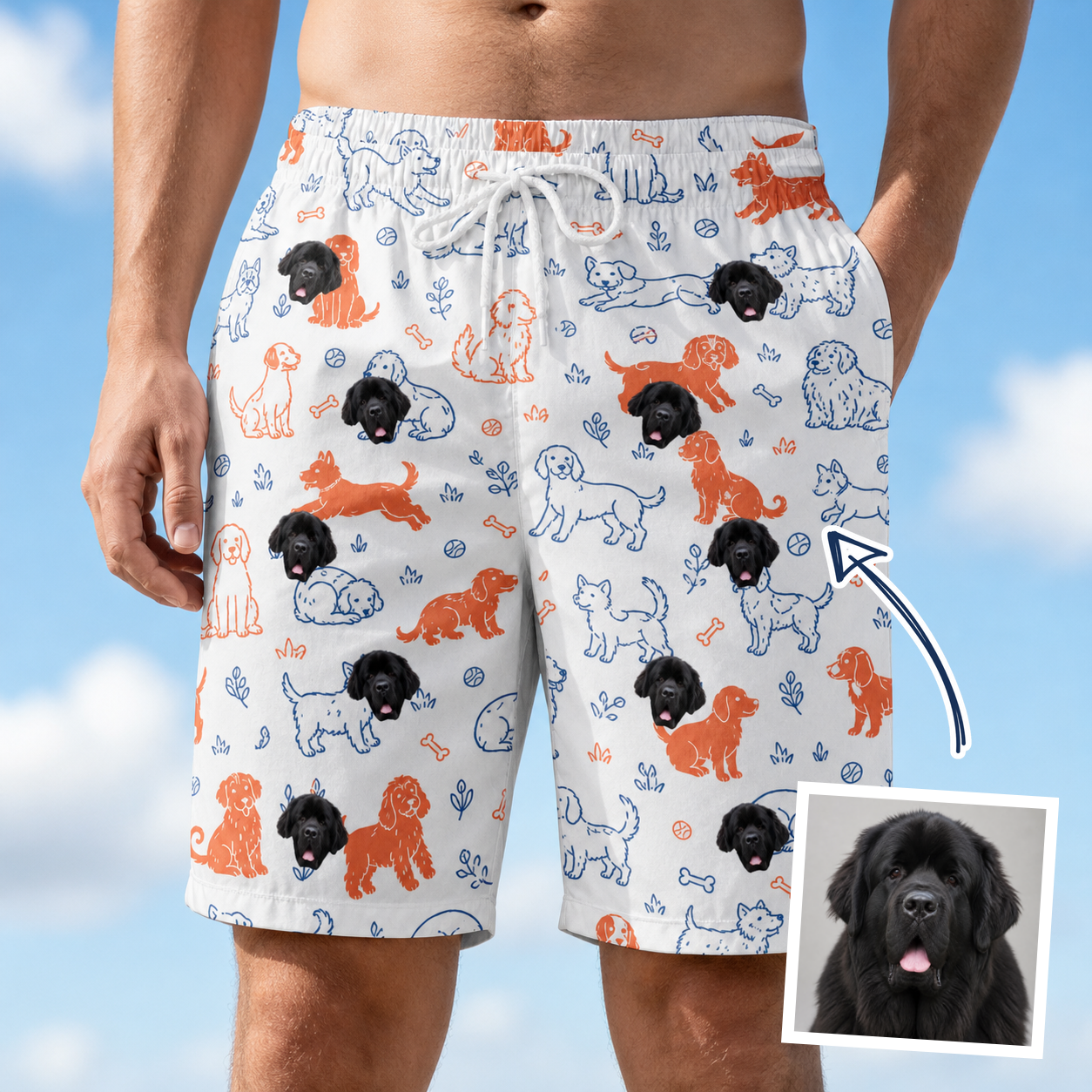 Man wearing Men's Fido Follies Custom Dog Face Beach Shorts — custom faces printed all-over