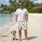 Full-length photo with the pet printed all over this Men's Fido Follies Custom Dog Face Beach Shorts