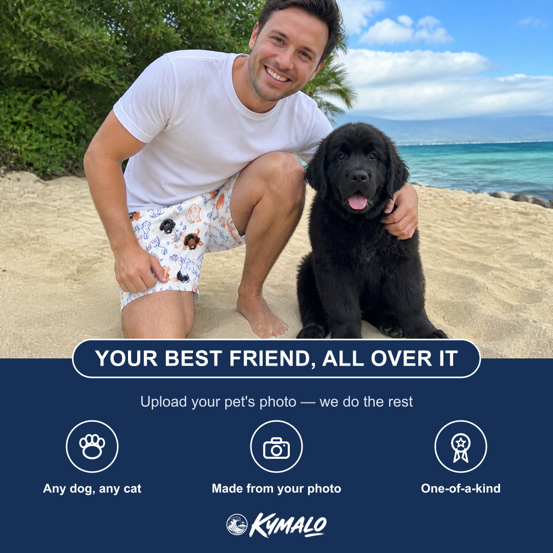 Friends in matching Men's Fido Follies Custom Dog Face Beach Shorts — a group gift photo