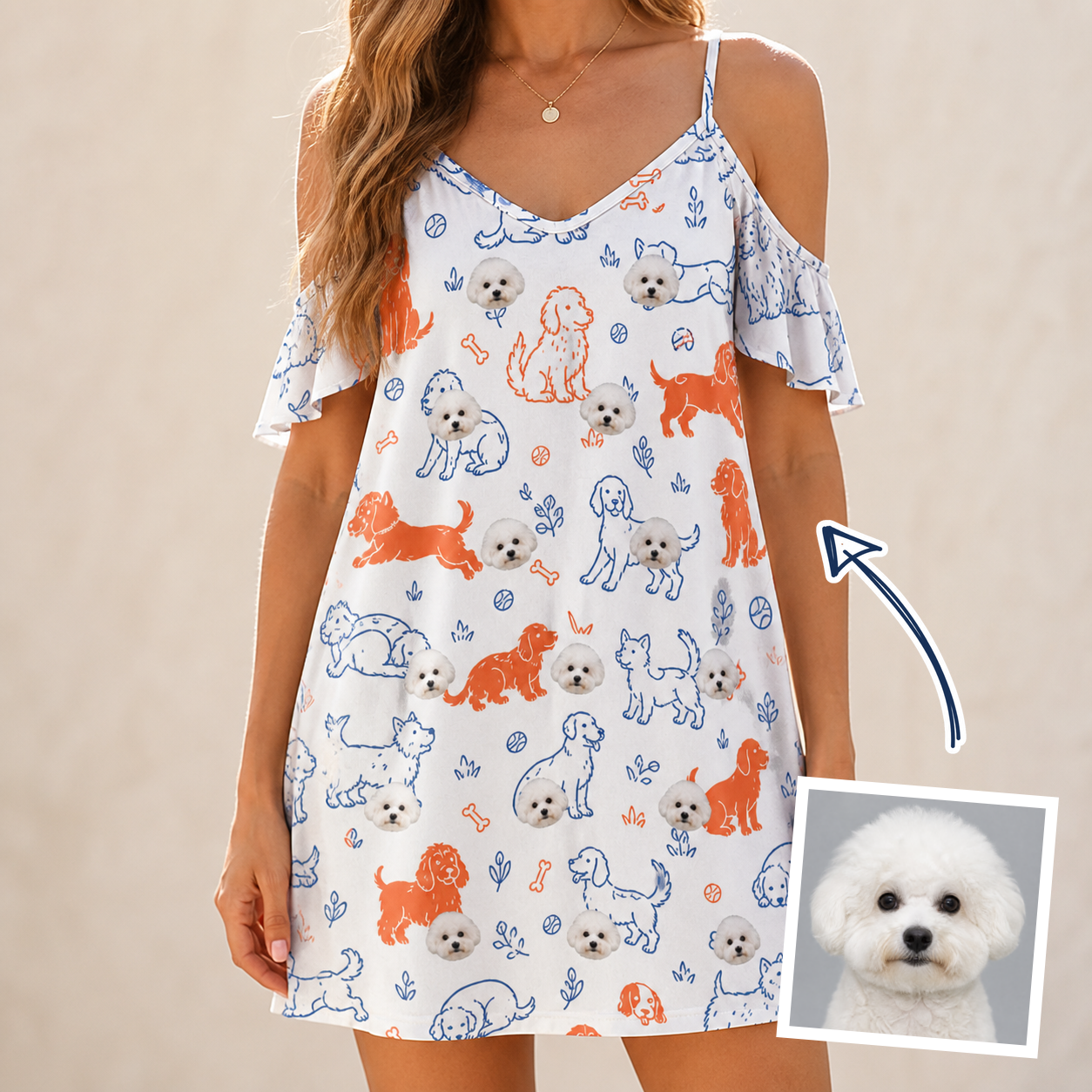 Woman wearing Women's Fido Follies Custom Dog Face Off-Shoulder Dress — custom faces printed all-over