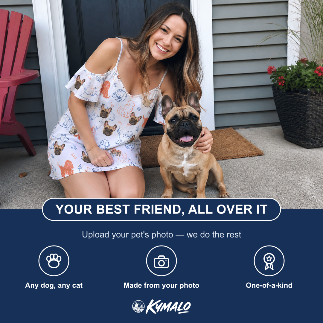 Friends in matching Women's Fido Follies Custom Dog Face Off-Shoulder Dress — a group gift photo