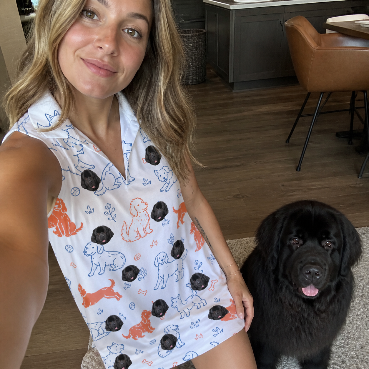 Selfie with the pet whose face is printed all over this Women's Fido Follies Custom Dog Face V-Neck Dress