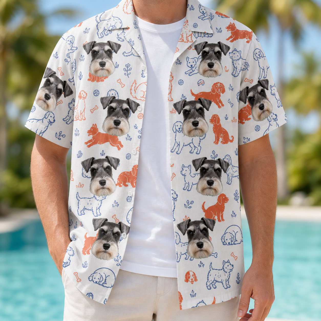 Man wearing Men's Fido Follies Custom Dog Face Hawaiian Shirt open over a white tee