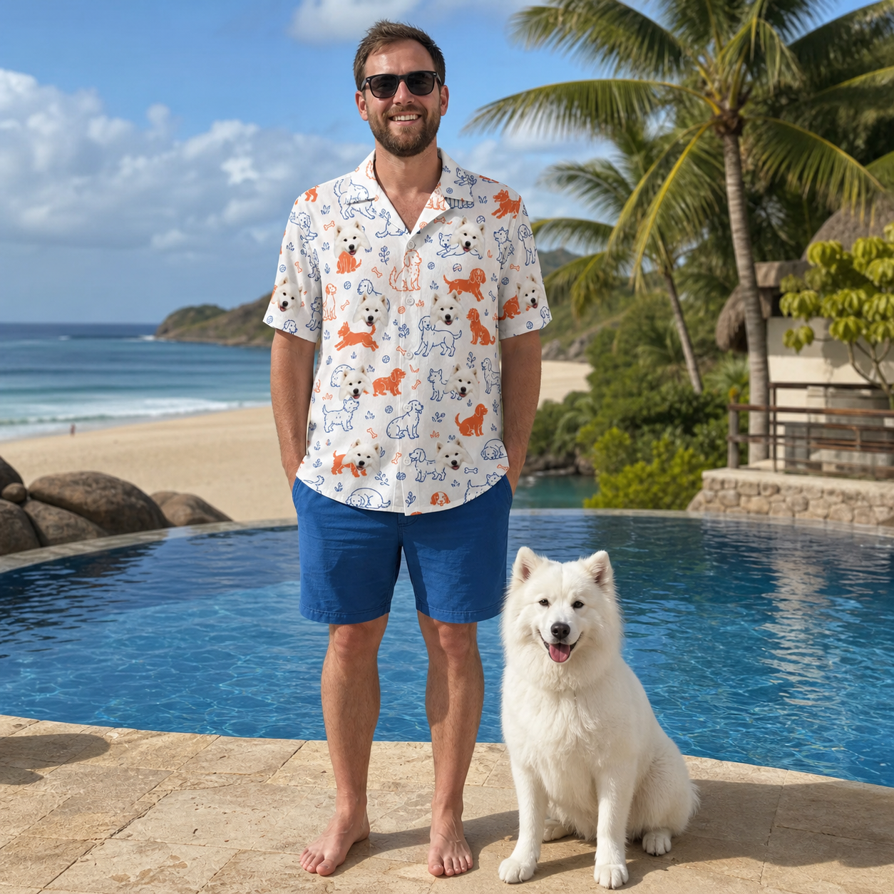 Full-length photo with the pet printed all over this Men's Fido Follies Custom Dog Face Hawaiian Shirt