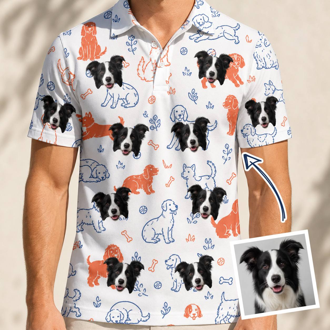 Man wearing Men's Fido Follies Custom Dog Face Polo Shirt — custom faces printed all-over