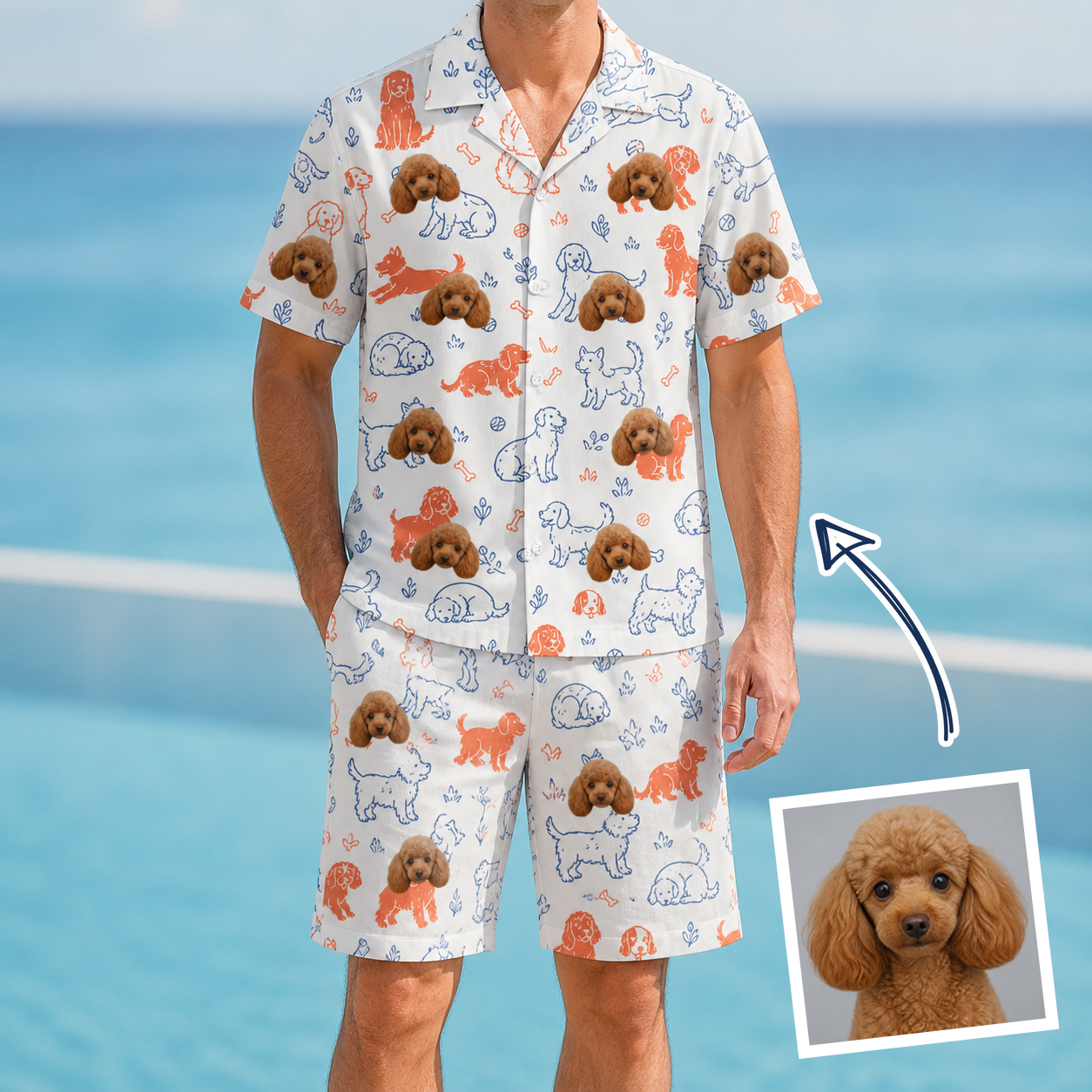 Man wearing Men's Fido Follies Custom Dog Face Shirt & Shorts Set — custom faces printed all-over