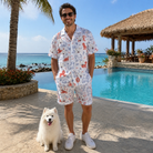Full-length photo with the pet printed all over this Men's Fido Follies Custom Dog Face Shirt & Shorts Set