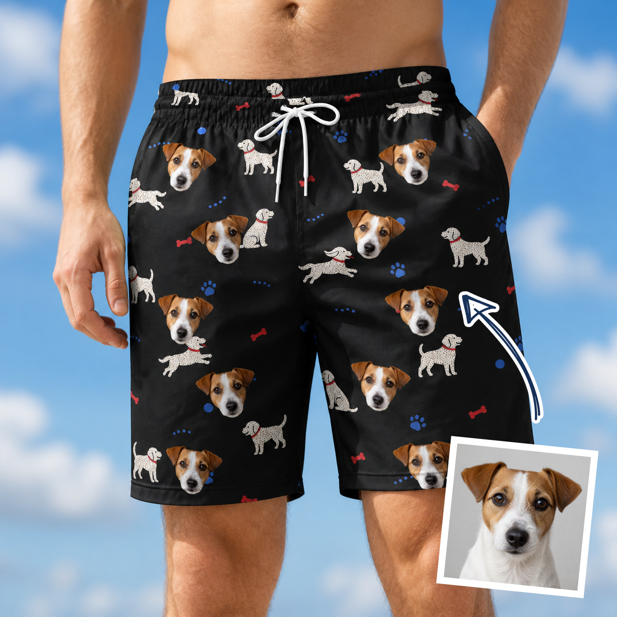 Man wearing Men's Doggo Dandies Custom Dog Face Beach Shorts — custom faces printed all-over