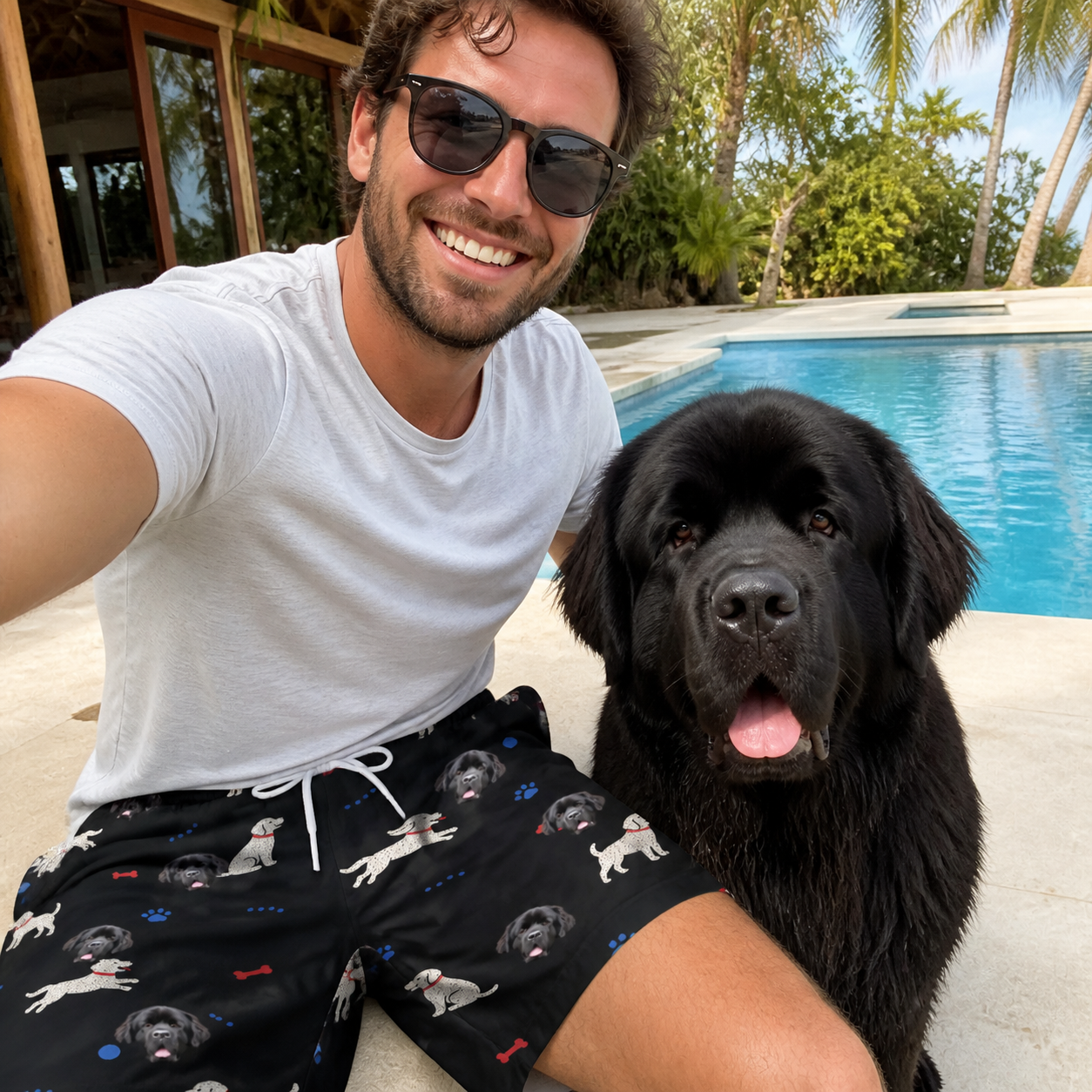 Selfie with the pet whose face is printed all over this Men's Doggo Dandies Custom Dog Face Beach Shorts