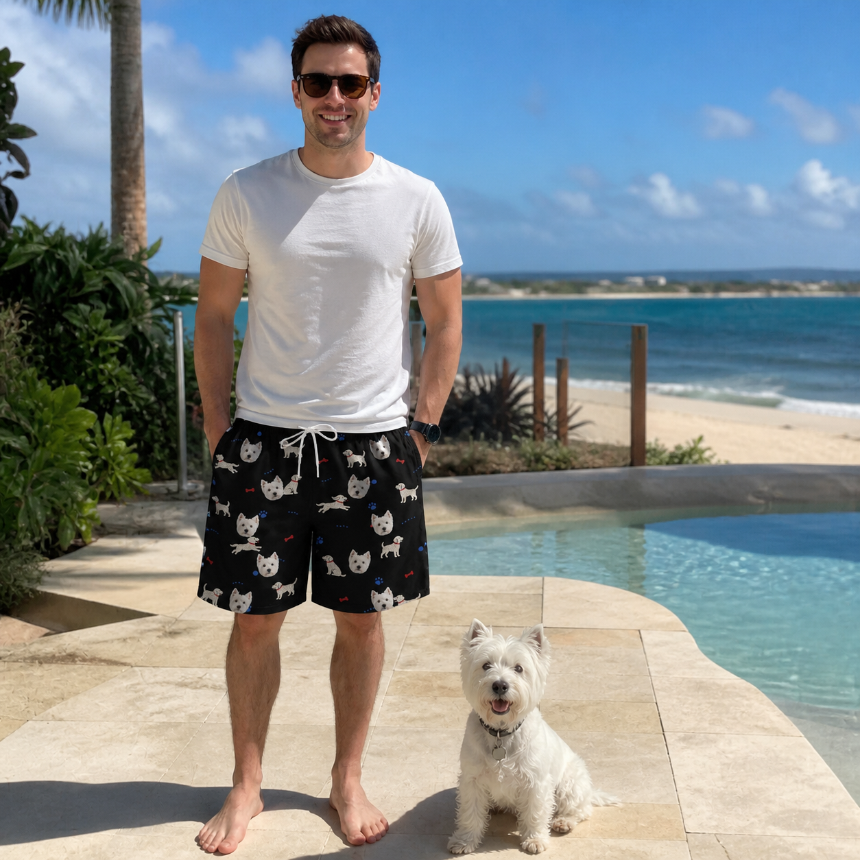 Full-length photo with the pet printed all over this Men's Doggo Dandies Custom Dog Face Beach Shorts