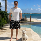 Full-length photo with the pet printed all over this Men's Doggo Dandies Custom Dog Face Beach Shorts