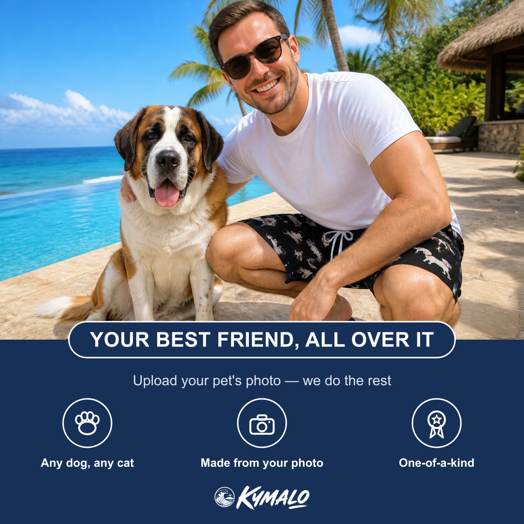 Friends in matching Men's Doggo Dandies Custom Dog Face Beach Shorts — a group gift photo
