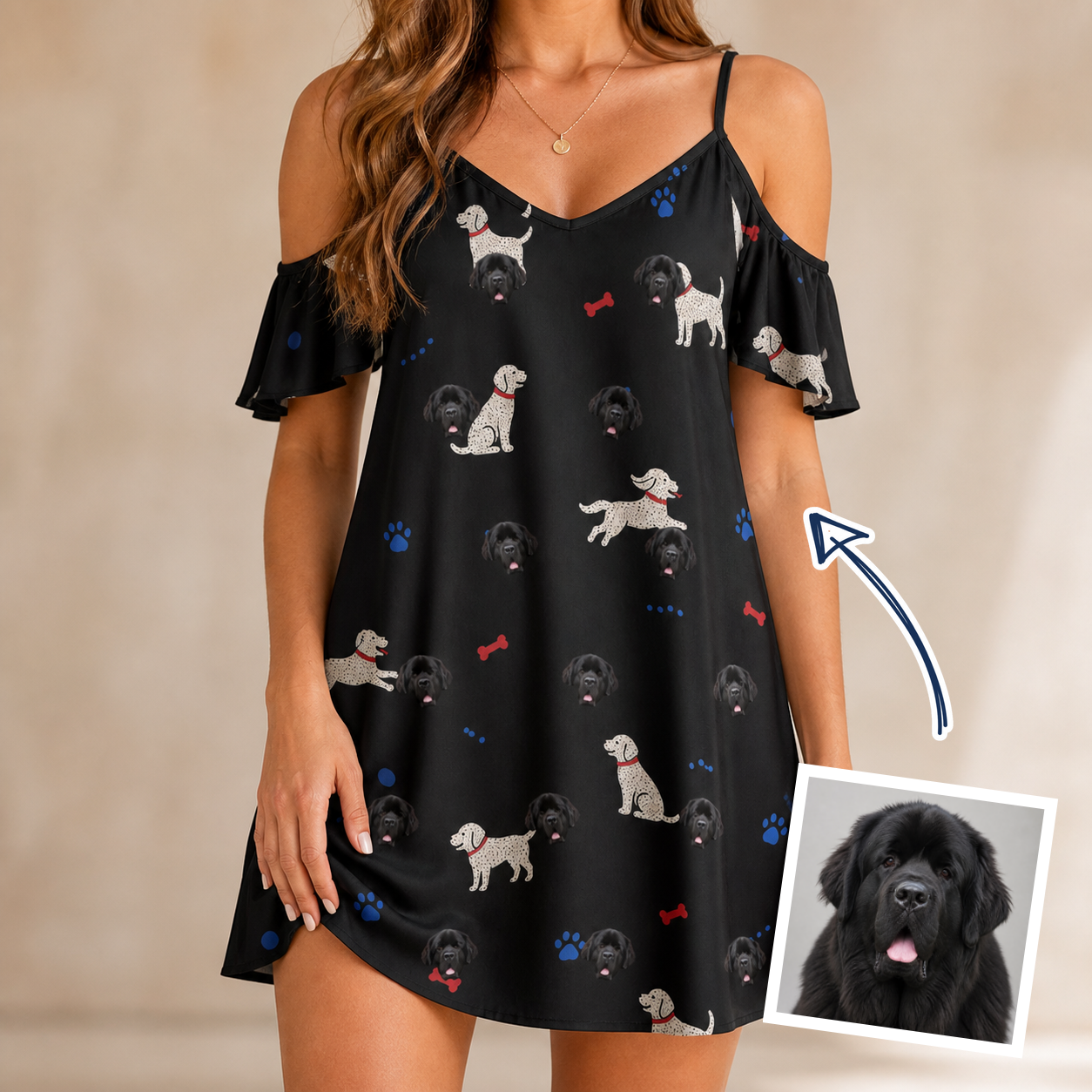 Woman wearing Women's Doggo Dandies Custom Dog Face Off-Shoulder Dress — custom faces printed all-over