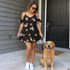 Full-length photo with the pet printed all over this Women's Doggo Dandies Custom Dog Face Off-Shoulder Dress