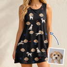 Woman wearing Women's Doggo Dandies Custom Dog Face Tank Dress — custom faces printed all-over