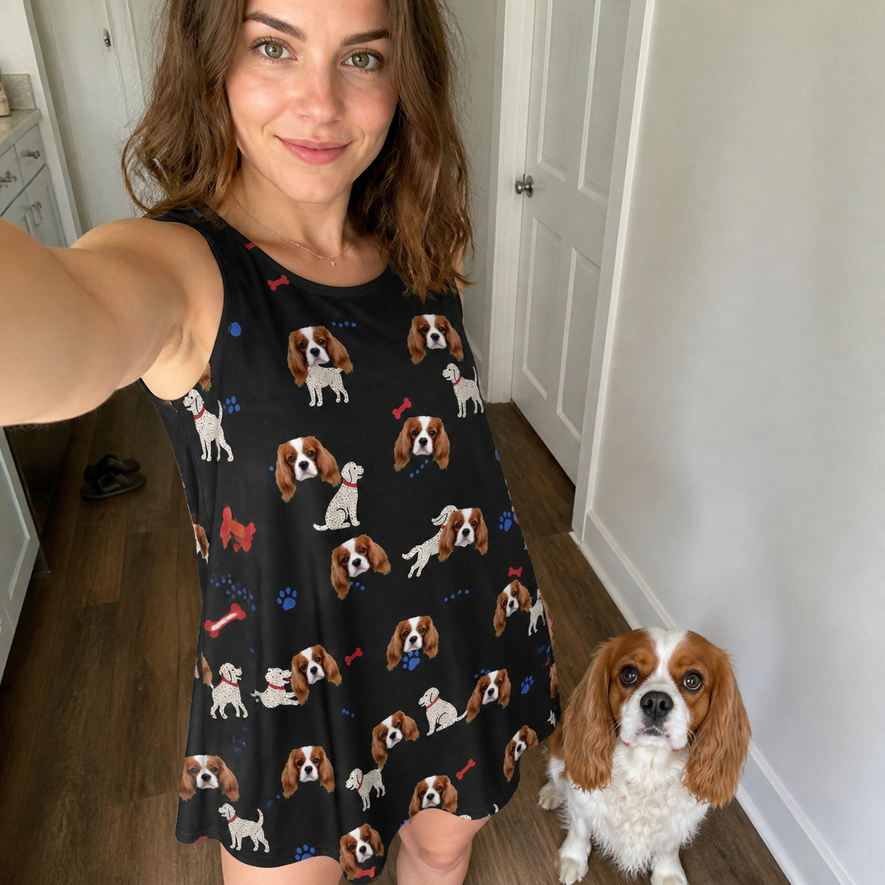 Selfie with the pet whose face is printed all over this Women's Doggo Dandies Custom Dog Face Tank Dress