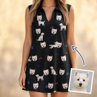 Woman wearing Women's Doggo Dandies Custom Dog Face V-Neck Dress — custom faces printed all-over