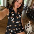 Selfie with the pet whose face is printed all over this Women's Doggo Dandies Custom Dog Face V-Neck Dress