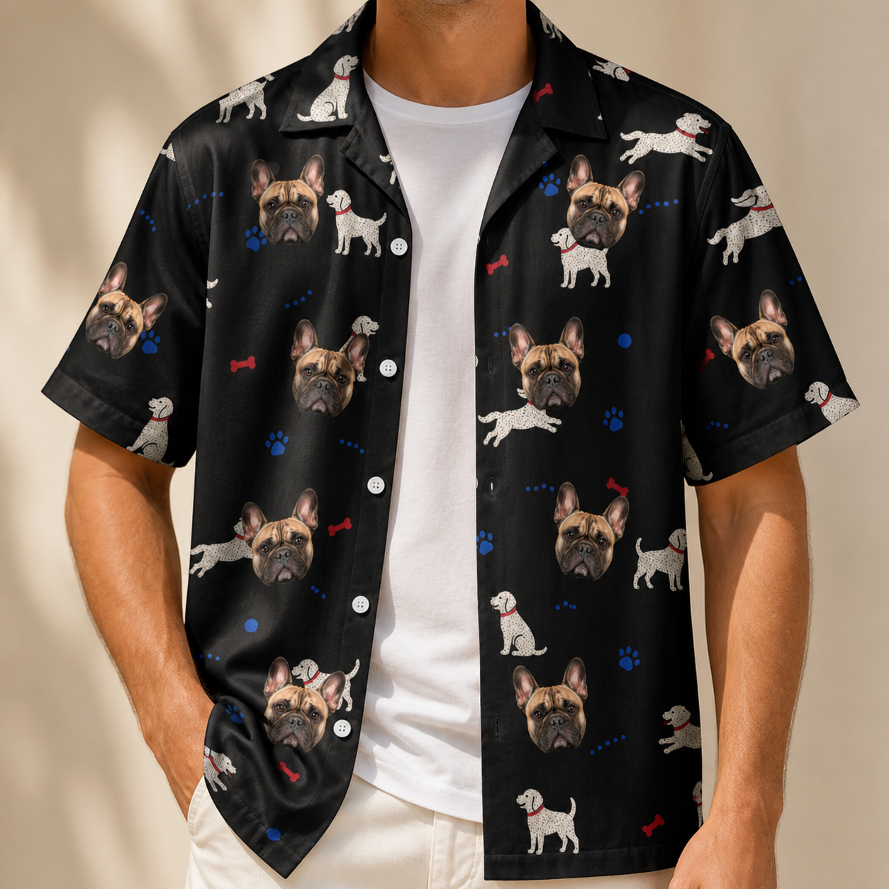 Man wearing Men's Doggo Dandies Custom Dog Face Hawaiian Shirt open over a white tee