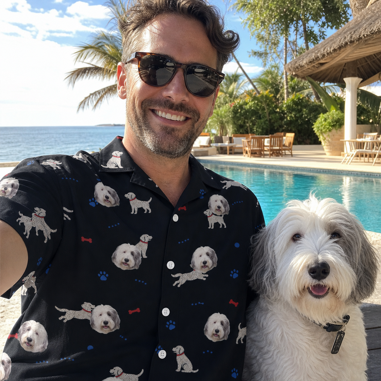 Selfie with the pet whose face is printed all over this Men's Doggo Dandies Custom Dog Face Hawaiian Shirt