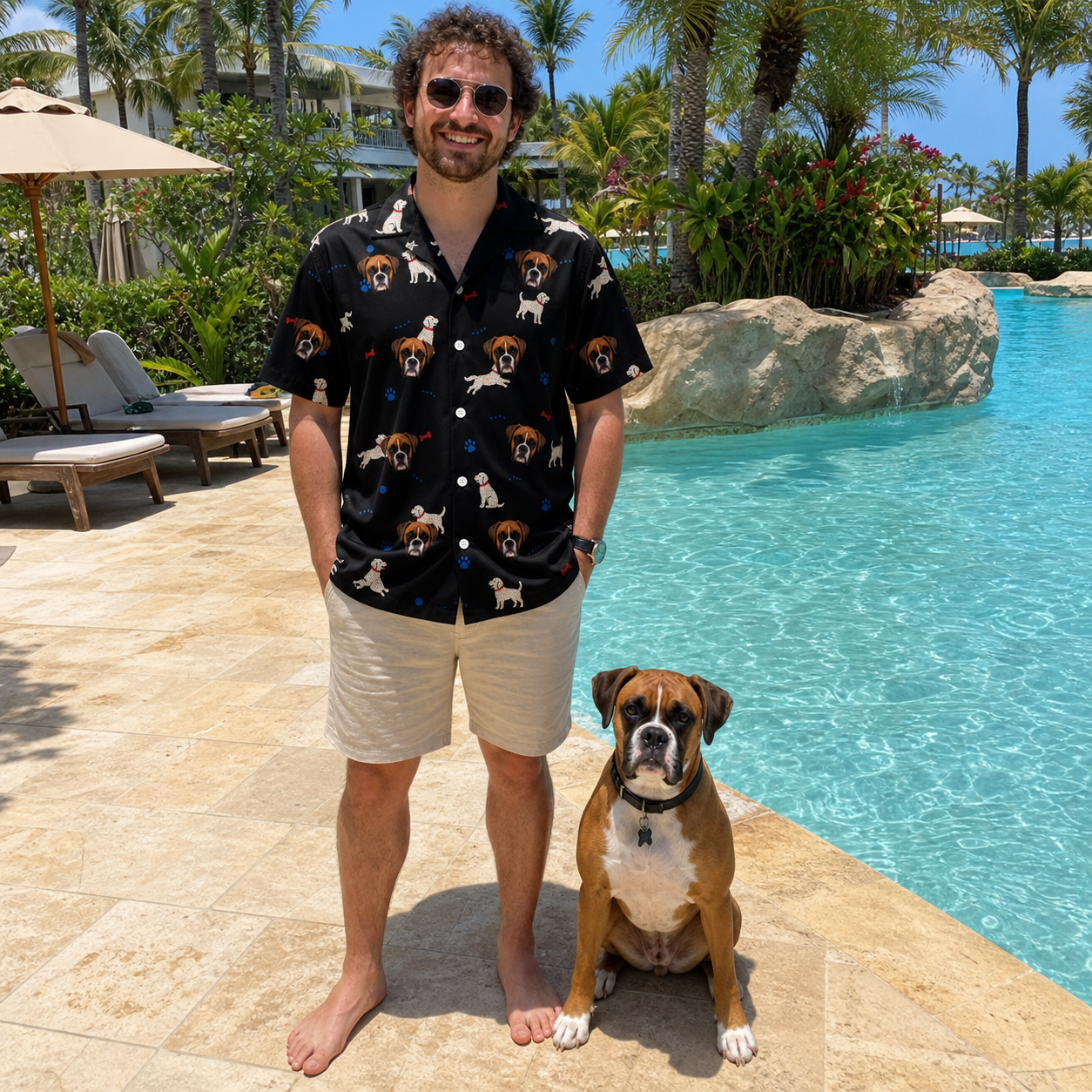 Full-length photo with the pet printed all over this Men's Doggo Dandies Custom Dog Face Hawaiian Shirt
