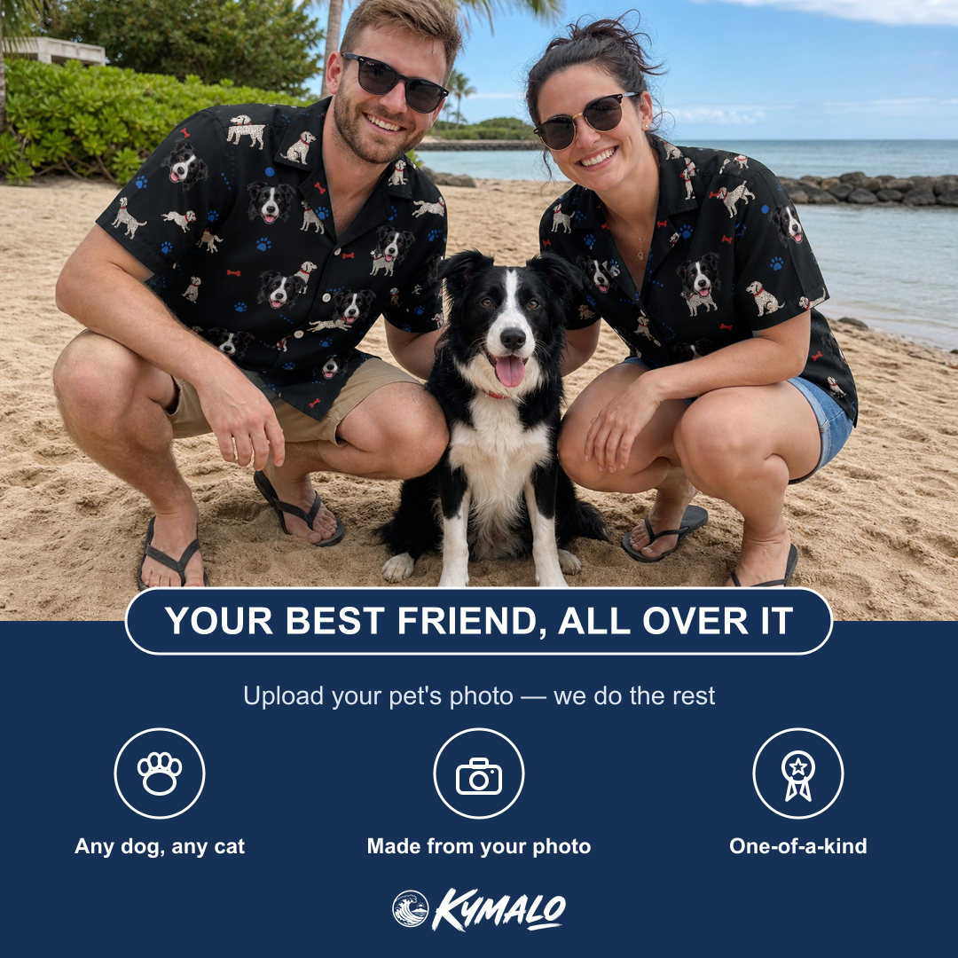 Friends in matching Men's Doggo Dandies Custom Dog Face Hawaiian Shirt — a group gift photo