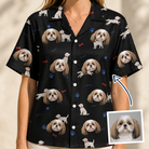 Woman wearing Women's Doggo Dandies Custom Dog Face Hawaiian Shirt — custom faces printed all-over