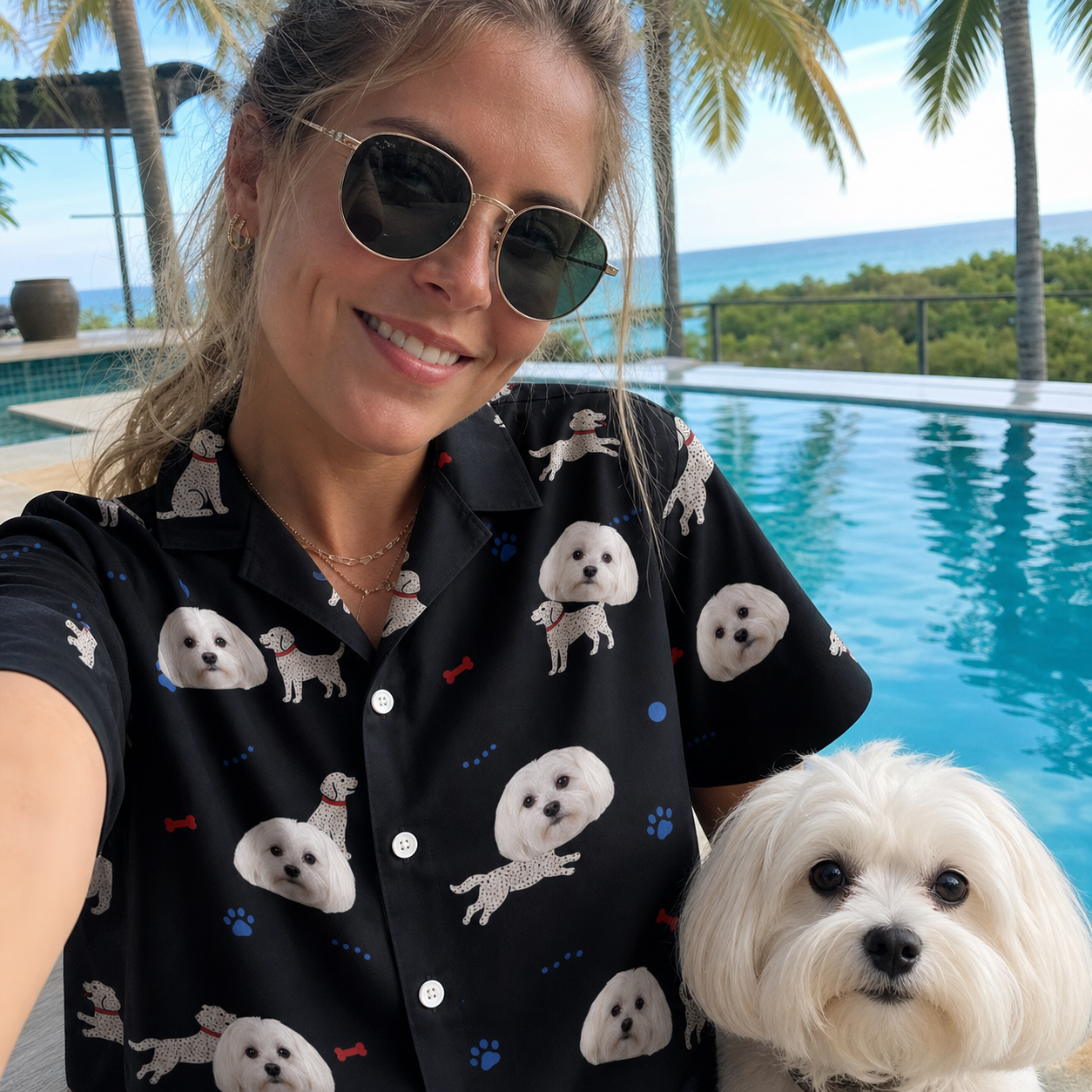 Selfie with the pet whose face is printed all over this Women's Doggo Dandies Custom Dog Face Hawaiian Shirt