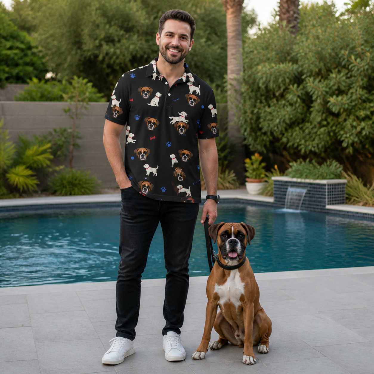 Full-length photo with the pet printed all over this Men's Doggo Dandies Custom Dog Face Polo Shirt