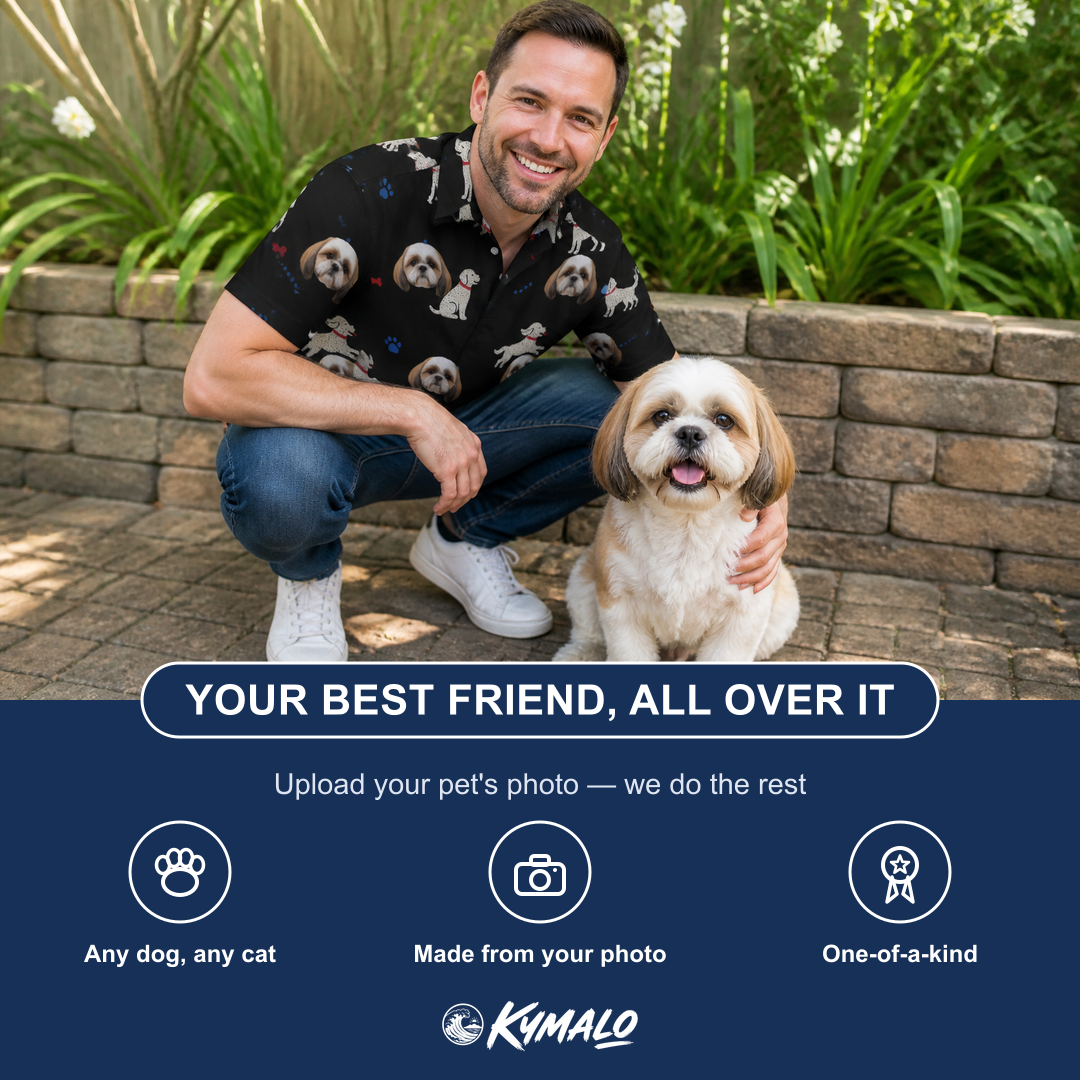 Friends in matching Men's Doggo Dandies Custom Dog Face Polo Shirt — a group gift photo