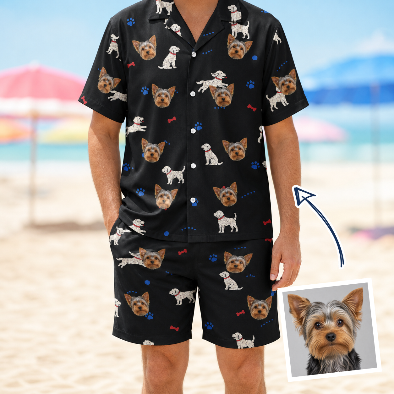 Man wearing Men's Doggo Dandies Custom Dog Face Shirt & Shorts Set — custom faces printed all-over